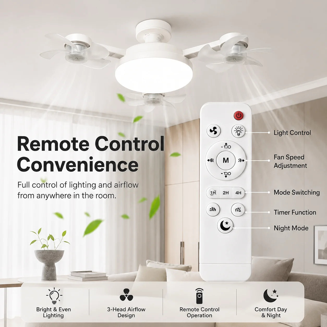Ceiling Fan Light Remote Control Adjustment Wind Speed Timer 3 Color Modes Bedroom Decorat