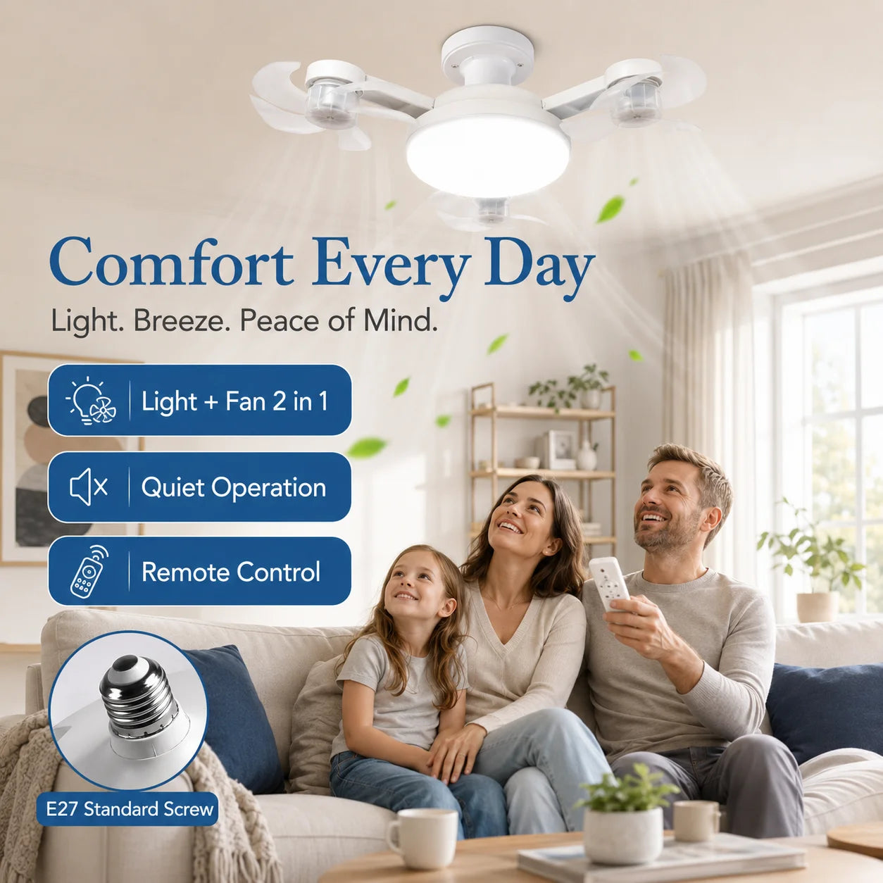 Ceiling Fan Light Remote Control Adjustment Wind Speed Timer 3 Color Modes Bedroom Decorat