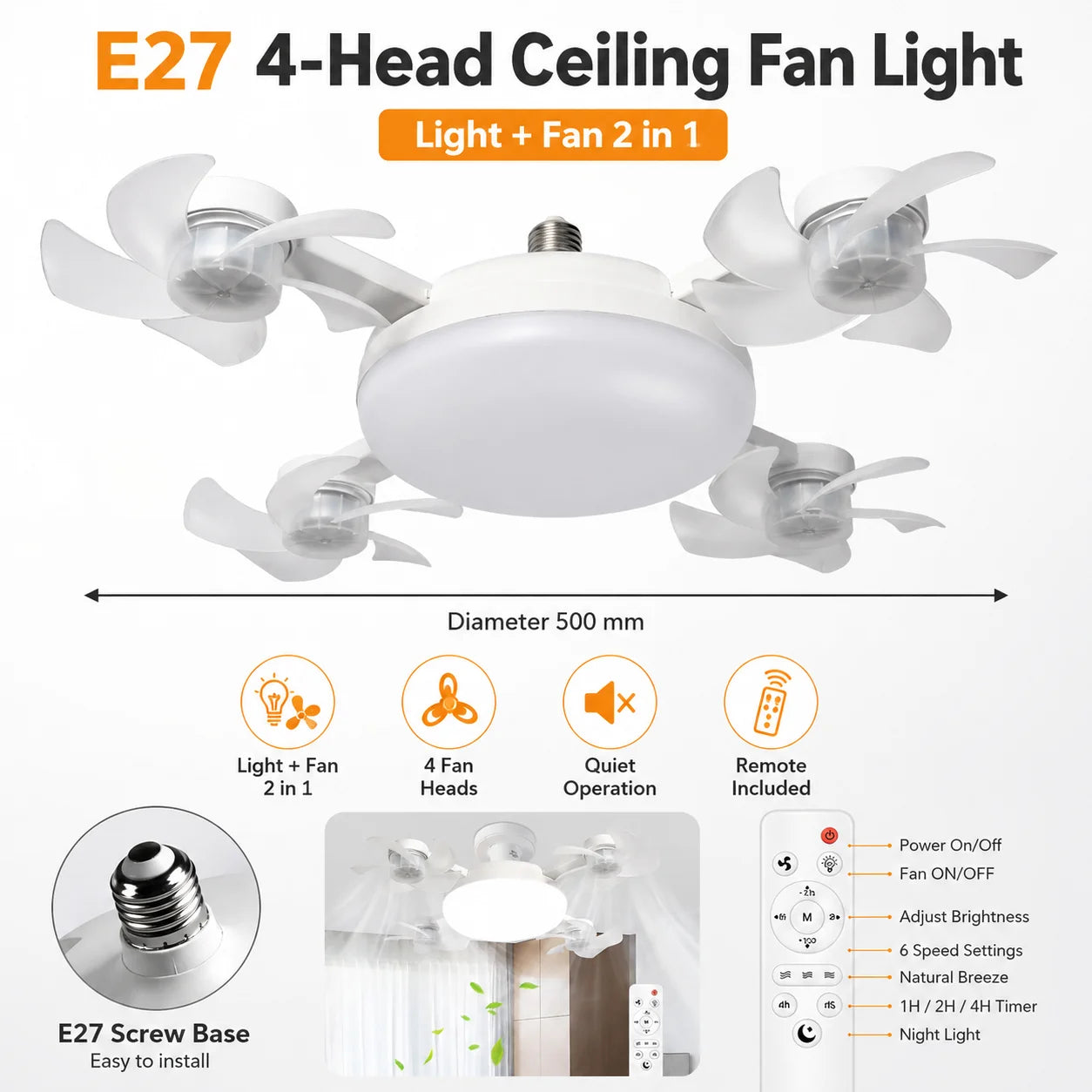 Ceiling Fan Light Remote Control Adjustment Wind Speed Timer 3 Color Modes Bedroom Decorat